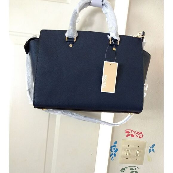 New! MICHAEL KORS Selma Leather Handbag Satchel Bag With Long Straps Navy Blue - Picture 7 of 7